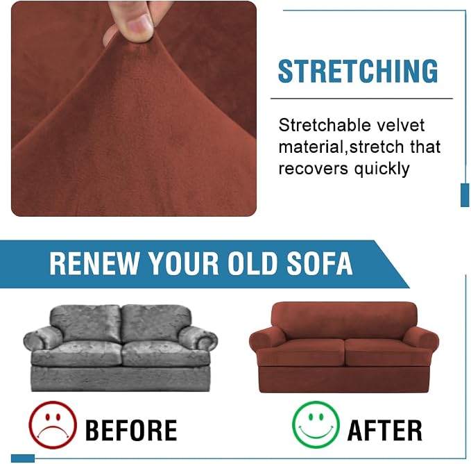 H.VERSAILTEX Sofa Cover 3 Piece T Cushion Sofa Slipcovers Thick Velvet Couch Cover Stretch T Cushion Sofa Covers for 2 Cushion Couch with 2 Individual T Cushion Covers Washable, Rust