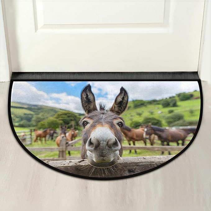Animal Donkey Half Round Rug Half Moon Door Mat Half Circle Rugs | Farm Art Washable Non-Slip Semi Circle Rug Welcome Half Round Door Mat Indoor Entrance Kitchen Home Bedroom Living Room Decor