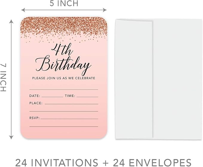 Andaz Press Blush Pink and Rose Gold Glitter Elegant Party Collection, 5x7-inch Invitations with Envelopes, 4th Birthday, 24-Pack, Double Sided Printing, Heavy Card Stock, Includes Envelopes