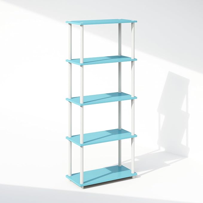 Furinno Turn-N-Tube Book Shelf, 5-Tier Bookshelf, Bookcase with Multipurpose Compact Display Rack, 11.6 x 23.6 x 57.4, for Living Room, Bedroom, Home Office, Light Blue/White