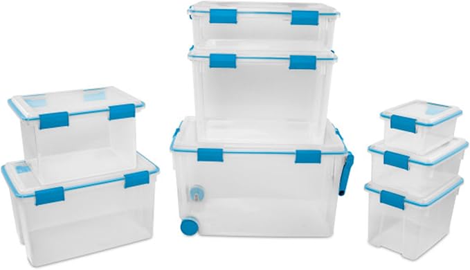 Sterilite Gasket Storage Box w/Lids for Home & Office, 7.5 Quart, 12-Pack | Heavy-Duty, Stackable, and Organizing Containers for Bathroom, Cabinet, Closet, and Garage, Clear and Blue Aquarium Latches