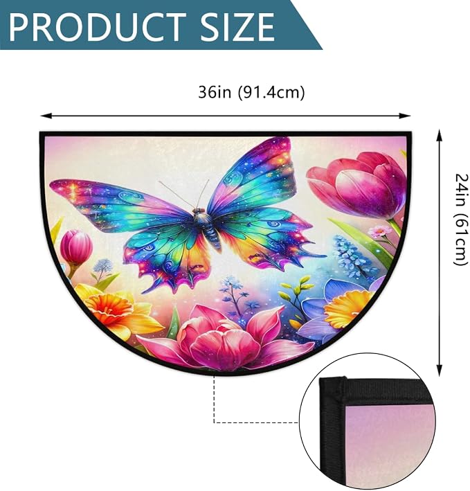 Butterfly Half Round Door Mat Non-Slip Semi Circle Rug Half Moon Doormat | Rainbow Butterfly Soft Washable Welcome Entrance Mat for Outdoor Indoor Floor Bedroom Bathroom Home Kitchen Festival Decor