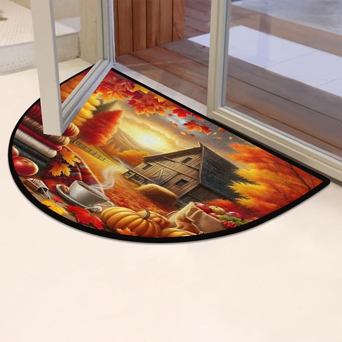 Fall Half Round Doormat Non-Slip Semi Circle Rug Half Moon Mat | Pumpkin Farm Maple Washable Soft Absorbent Indoor Outdoor Entrance Kitchen Bathroom Sink Patio Welcome Fireplace Floor Rug