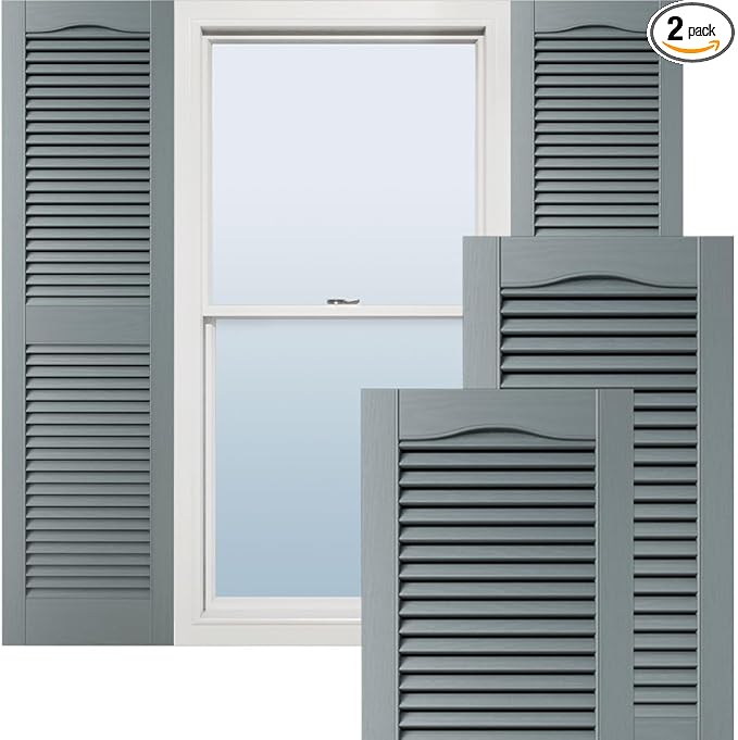 12"W x 39"H Lifetime Vinyl, Standard Cathedral Top Center Mullion, Open Louver Shutters, w/Installation Shutter-Lok's & Matching Screws (Per Pair), Storm Cloud