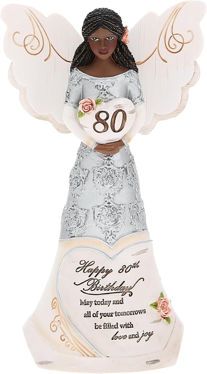Pavilion Gift Company - Happy 80th Birthday - 6" Ebony African American Angel Figurine Religious Best Friend Bestie BFF God Jesus Lover Christian Christ Gift Present
