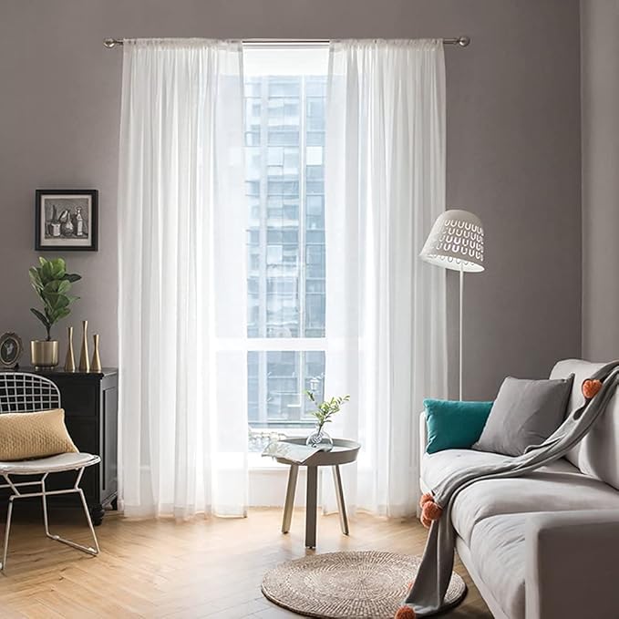 MIULEE 2 Panels Solid Color White Sheer Window Curtains Elegant Window Voile Panels/Drapes/Treatment for Bedroom Living Room (54 X 64 Inches White)