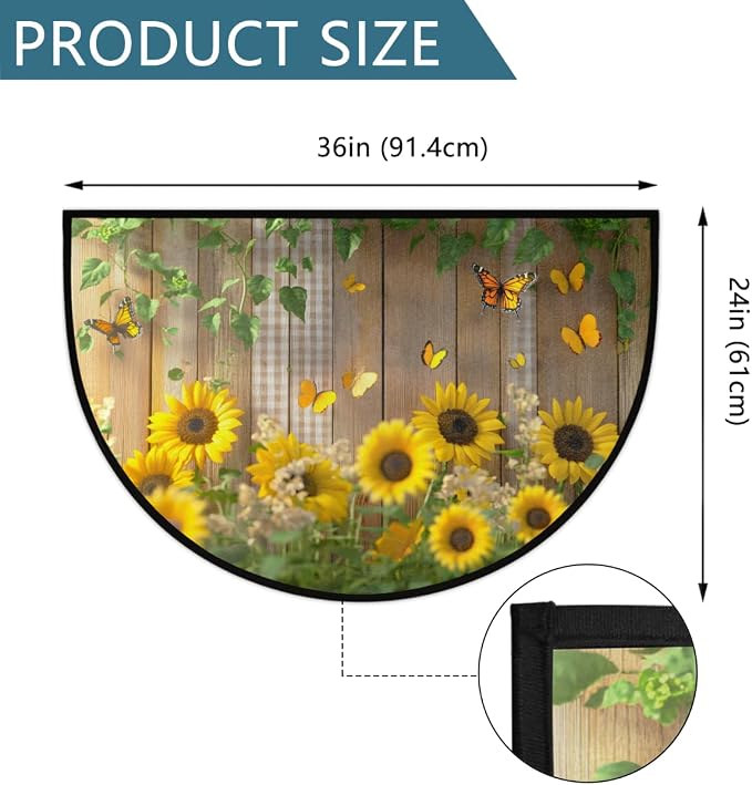 cfpolar Butterfly Sunflower Half Round Door Mat Indoor Entrance Half Circle Area Rug Semi Circular Door Mat Half Moon Rug for Floor Bathroom Living Room Bedroom Kitchen Fireplace 24"x36",A-04