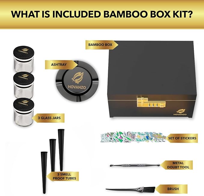 HOVANZO Premium Large Bamboo Storage Box with Organizer Tray - Storage Wood Box and Accessories - Decorative Box with Combination Lock - Large Wooden Container - Box Kit with Glass Jars
