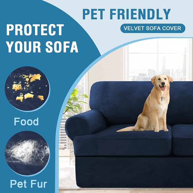 H.VERSAILTEX Sofa Cover 3 Piece T Cushion Sofa Slipcovers Thick Velvet Couch Cover Furniture Protector Stretch T Cushion Sofa Covers for 2 Cushion Couch with 2 Individual T Cushion Covers, Navy