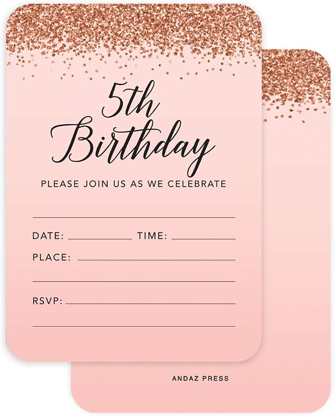 Andaz Press Blush Pink and Rose Gold Glitter Elegant Party Collection, 5x7-inch Invitations with Envelopes, 5th Birthday, 24-Pack, Double Sided Printing, Heavy Card Stock, Includes Envelopes