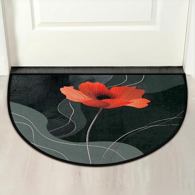 Pardick Half Round Doormat Semi Circle Rug Red Poppy Flower Non Slip Indoor Outdoor Entrance Half Moon Rug Absorbent Durable Washable Front Floor Mat for Kitchen Bathroom Patio Fireplace