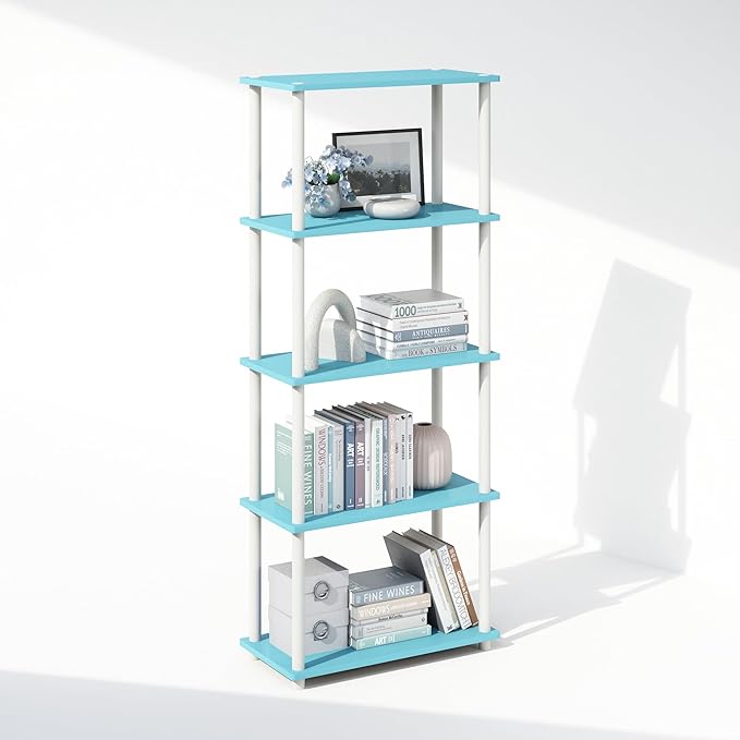 Furinno Turn-N-Tube Book Shelf, 5-Tier Bookshelf, Bookcase with Multipurpose Compact Display Rack, 11.6 x 23.6 x 57.4, for Living Room, Bedroom, Home Office, Light Blue/White