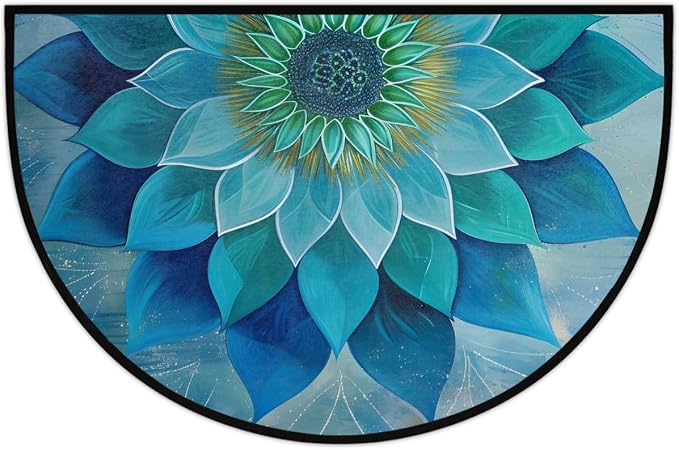 Teal Mandala Flower Half Round Door Mat Non-Slip Semi Circle Rug Washable Half Moon Floor Rug Absorbent Bathroom Area Rugs for Outdoor Indoor Fireplace Mat Entryway Kitchen Decor Rugs