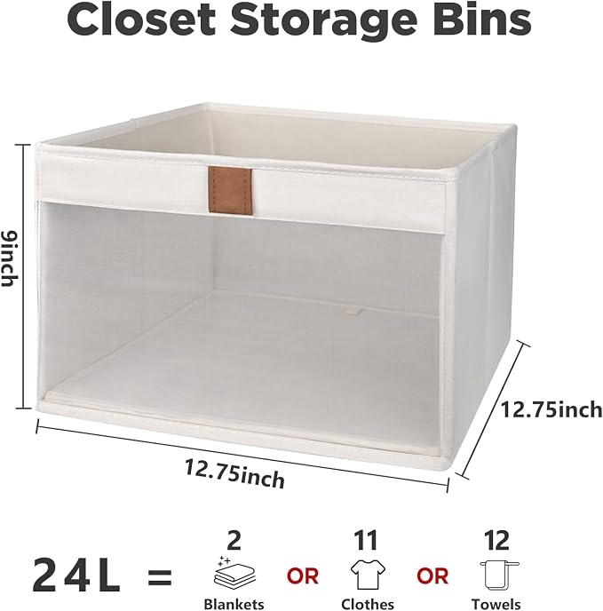 Linen Closet Organizers and Storage, Closet Storage Bins Basket Organizer, Foldable Organization Baskets with Mesh Window for Clothes Towels and Toys, 12.75" x 12.75" x 9", Beige, 4 pack