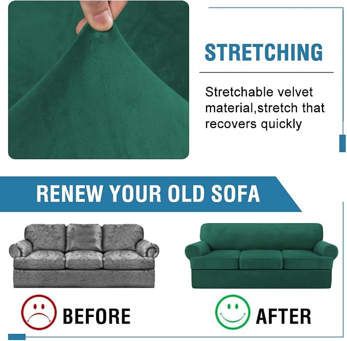 H.VERSAILTEX Sofa Cover 4 Piece T Cushion Sofa Slipcovers Thick Velvet Couch Cover Stretch T Cushion Sofa Covers for 3 Cushion Couch with 3 Individual T Cushion Covers, Vintage Green