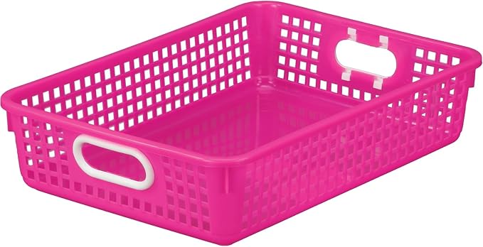 Really Good Stuff Multi-Purpose Small Desktop Paper Storage Baskets | 14" x 10" x 3.25", Set of 4, Neon Group Colors, Classroom Organization, Stackable Mesh Plastic Baskets with Grip Handles
