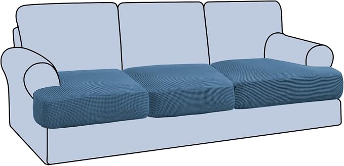 H.VERSAILTEX Stretch 3 Piece T Cushion Sofa Slipcovers Individually Sofa Cushion Covers for 3 Cushion Couch Sofa Seat Cushion Covers with Elastic Bands Featuring Thicker Jacquard Fabric, Dusty Blue
