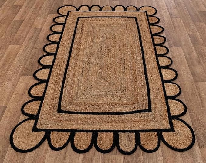 Scalloped Natural Jute Area Rug for Bedroom Living Room, Kitchen, Patio, Hallway, Entryway, Indoor, Outdoor, Farmhouse, Morden Carpet, Door Mat Black, 2x5 ft.