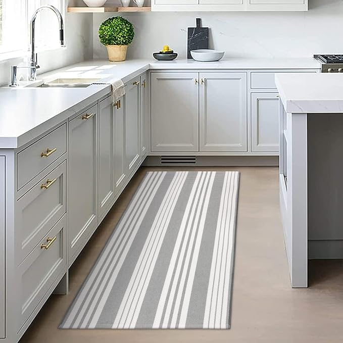 OJIA Front Door Rug 24"x51" Gray and White Striped Outdoor Rug Porch Decor | Machine Washable Porch Rug Front Door Mat Outdoor Indoor Area Rugs Cotton Woven Entry Mat for Home Entrance/Farmhouse Decor