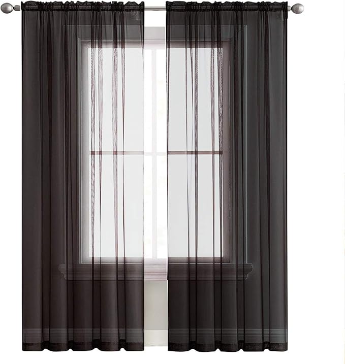 SpaceDresser Sheer Voile Window Treatment Rod Pocket Curtain Panels for Kitchen Bedroom Living Room Drapes Sunlight Filtering Privacy Semi Home Decor Assorted (Black, 52 W x 72 L)