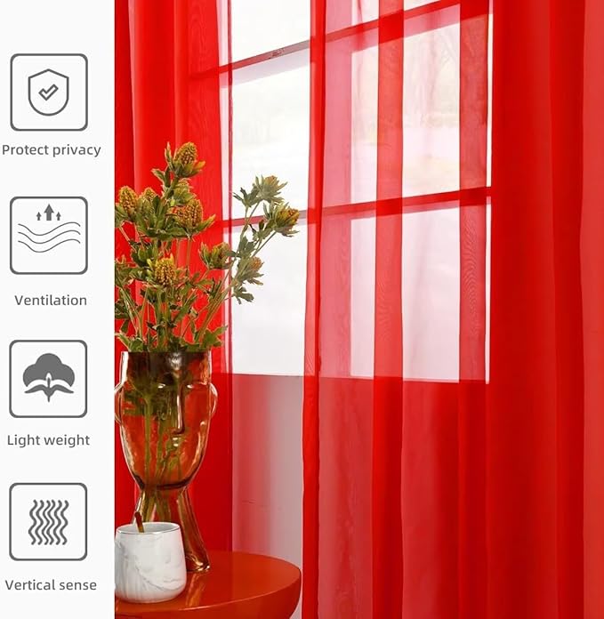 youleyar Solid Sheer Rod Pocket Curtain Voile Draperies 2 Panels White Beige Black Grey Coffee 52 Inch Width 45 Inch Long 1 Pair for Kitchen Bedroom Children Living Room Yard (Red,52Wｘ45L)