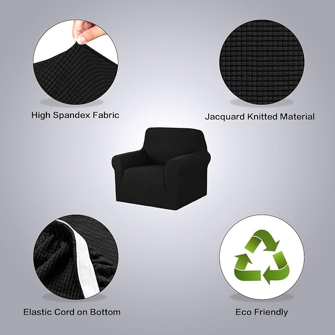 H.VERSAILTEX Stretch Chair Cover 1 Piece Armchair Cover Slip Covers for Sofas/Couches with Elastic Bottom Soft Thick Furniture Protector for Dogs Cats Jacquard Small Checked(Armchair 31"-40", Black)