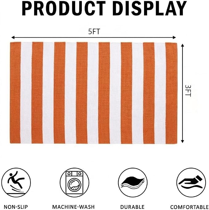 Striped Outdoor Rug 3' x 5' Orange and White Front Door Mat, Halloween Layering Rug for Porch, Washable Doormat, Cotton Area Rug for Outdoor Entrance Entryway Patio Porch Decor