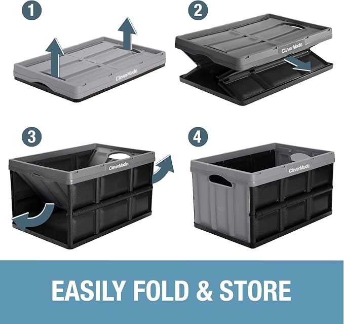 CleverMade Collapsible Storage Bins, 46L, 3 Pack, Ocean | Each bin supports 75 lb for groceries, tools, or gear. Interlocking bases stack securely, and the bins fold to 2.75 inches.
