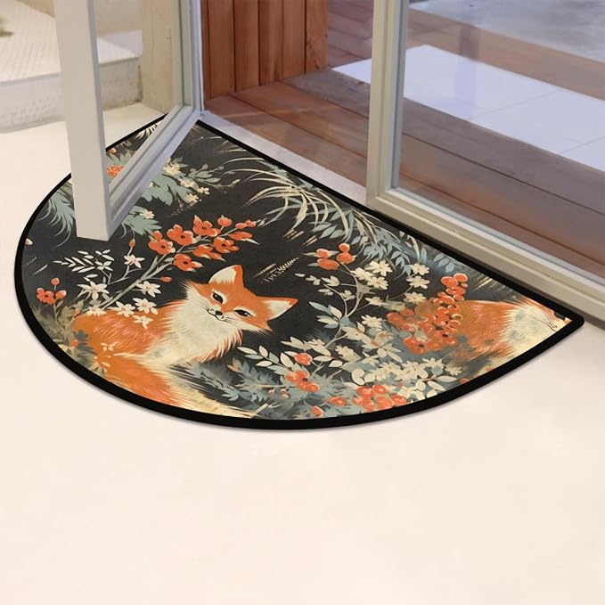 Vintage Fox Pattern Half Round Door Mat, Non-Slip Entrance Welcome Mat for Indoor Semi Circle Bathroom Floor Rugs Outdoor Mats House Entry Way Heavy Duty Doormat for Kitchen Living Room 36x24 Inch