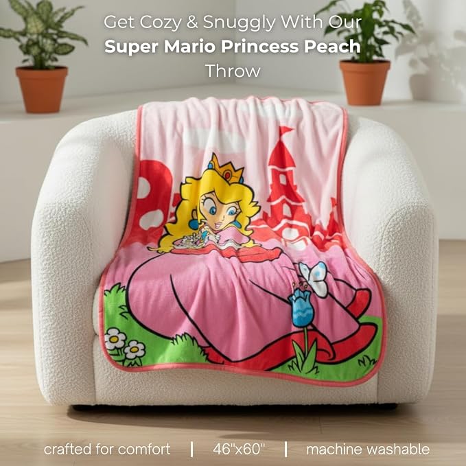 Franco Super Mario Girl Princess Peach Gaming Kids Bedding Super Soft Plush Throw Blanket, 46 in x 60 in, (Officially Licensed Product)