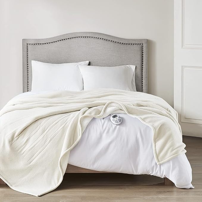 Serta Heated Blanket Twin - Reversible Fleece Heating Blanket, Creme White | Dual-Layer Heated Throw Blanket With 5 Heat Settings & Auto Shut Off, Machine Washable, ETL Certified