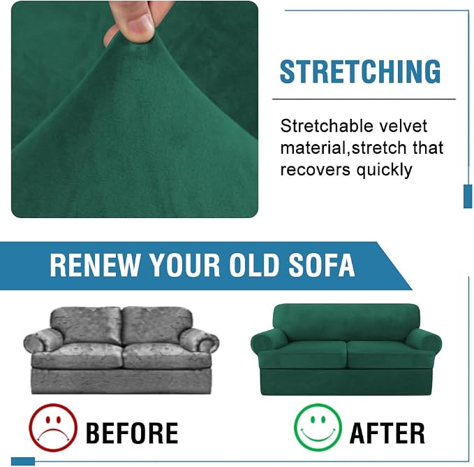 H.VERSAILTEX Sofa Cover 3 Piece T Cushion Sofa Slipcovers Thick Velvet Couch Cover Stretch T Cushion Sofa Covers for 2 Cushion Couch with 2 Individual T Cushion Covers, Vintage Green