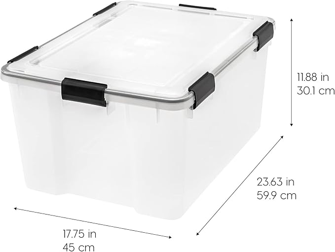 IRIS USA 8 Pack WeatherPro 62.8 Quart Stackable Storage Tote Bins, Plastic Gasket Box with Tight Latching Lids and Seal, Clear/Black