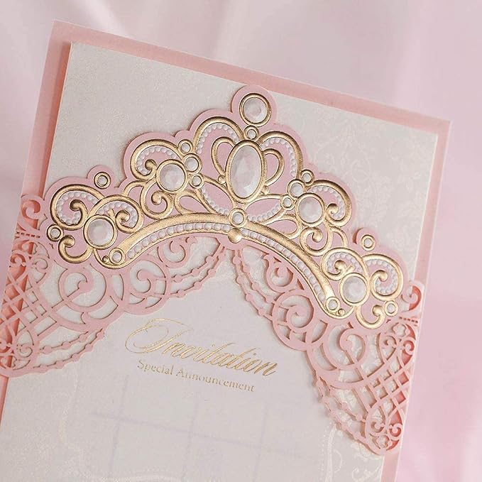 Hosmsua 50PCS Personalized Pink Quinceanera Invitations with Envelopes 5.4x7.3 Inch Laser Cut Floral Gold Crown Pocket Invitation for Quinceanera Birthday Invite