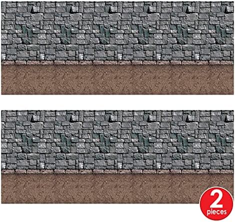 Beistle Stone & Dirt Floor Wall Backdrops, 4’ x 30’, Pack of 2 – Medieval Party Decorations, Medieval Decor Background, Easy to Adhere Wall Covering, Stone Backdrop, Halloween Party Decorations