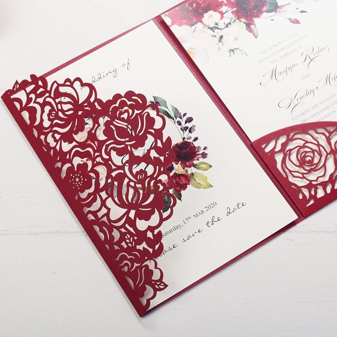 50PCS Burgundy Customized Wedding Invitation with Envelopes Laser Cut Hollow Flora Pocket with Ribbon Invitations for Wedding Engagement Quincenera Invites