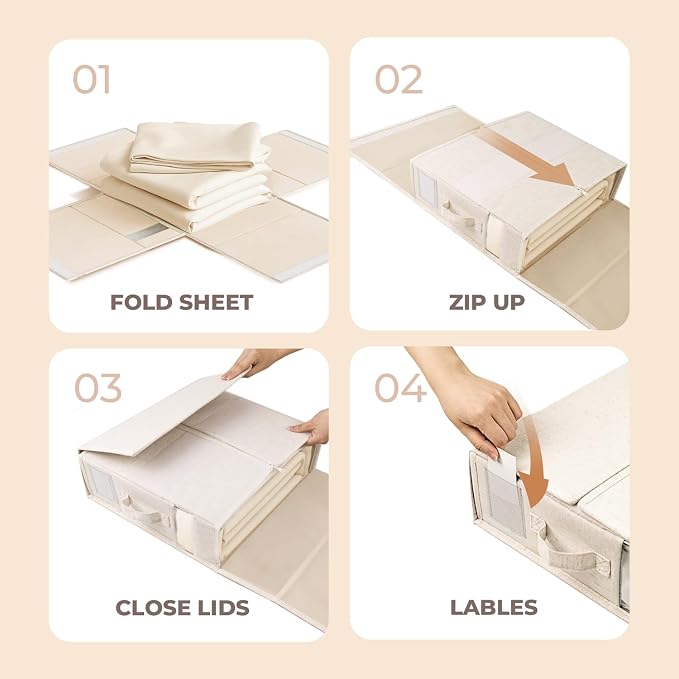 Cotton Linen Sheet Organizers and Storage, 4Pack Off-White | Undyed Natural Cotton Linen Fabric, Fits King and Queen Sheet Sets, Clear Window with Label Slot, Sturdy Foldable Organizer