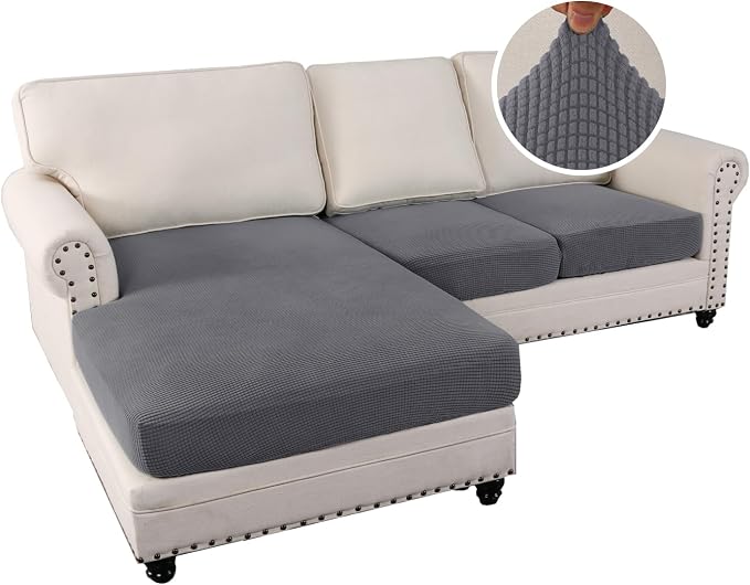 H.VERSAILTEX Sectional Couch Covers 3 Pieces Sofa Seat Cushion Covers L Shape Separate Cushion Couch Chaise Cover for Both Left/Right Sectional Couch (Seat Only: 1 Chaise + 2 Sofa, Grey)