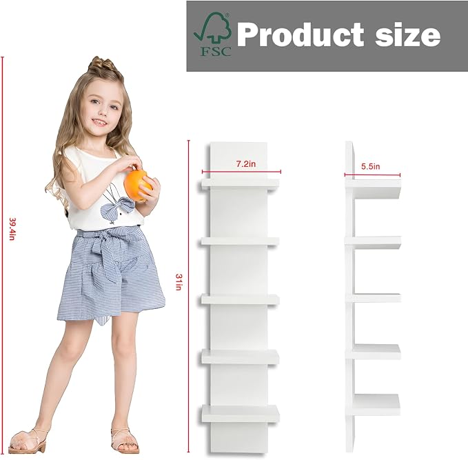 5 Tier Wall Shelves White, Vertical Column Shelf Floating Storage Home Decor Organizer Tall Tower Design Utility Shelving Bedroom Living Room, 30.7inch
