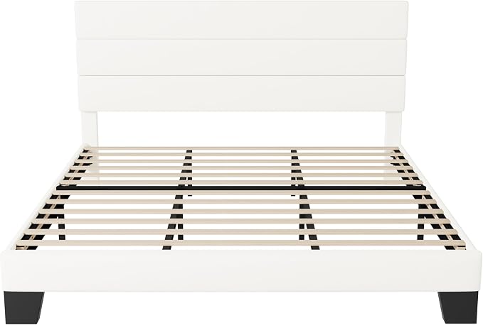 Allewie King Size Platform Bed Frame with Velvet Upholstered Headboard | Wooden Slats Support, Fully Upholstered Mattress Foundation, No Box Spring Needed, Easy Assembly, Noise-Free, White
