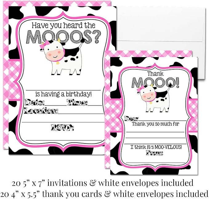 Amanda Creation Deluxe Heard the Moos Pink Cow Birthday Party Bundle Includes 20 Invitations & Thank You Cards with Envelopes + Stickers, Mini Candy Bar Wrappers, & Water Bottle Labels!