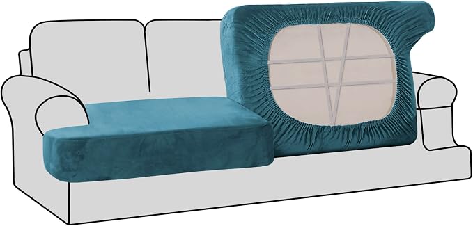 H.VERSAILTEX Stretch Velvet 2 Piece T Cushion Sofa Slipcovers Individually Sofa Cushion Covers for 2 Cushion Couch Seat Cushion Cover for Sofa Seat Cushion Cover Stay in Place (Sofa,Peacock Blue)