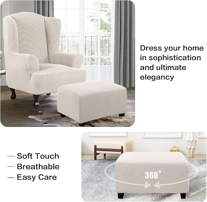 H.VERSAILTEX Ottoman Cover Slipcover Rectangle Fit Length 33"-38" Footrest Sofa Slipcovers Stool Cover Footstool Protector Covers Feature Stretch Thick Soft Jacquard Fabric Removable Washable - Ivory