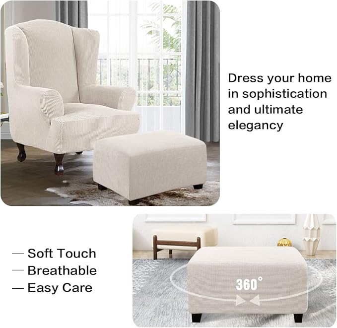 H.VERSAILTEX Ottoman Cover Slipcover Rectangle Fit Length 29"-34" Footrest Sofa Slipcovers Stool Cover Footstool Protector Covers Feature Stretch Thick Soft Jacquard Fabric Removable Washable - Ivory