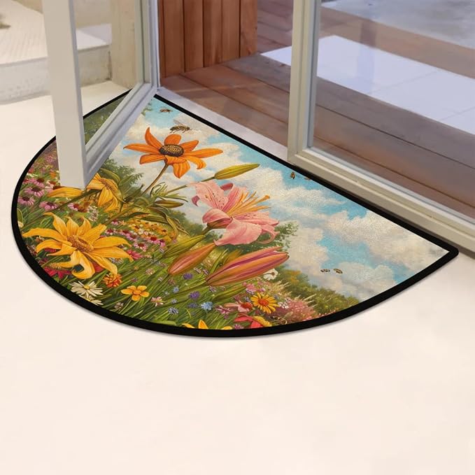cfpolar Half Round Door Mat Vintage Floral Non-Slip Semi Circle Area Rug Washable Half Moon Hearth Rugs for Indoor Outdoor Bathroom Kitchen Patio Runner Mat Laundry Room Home Decoration