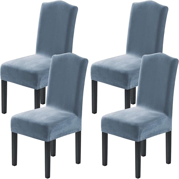H.VERSAILTEX Velvet Dining Chair Covers Stretch Chair Covers for Dining Room Set of 4 Parson Chair Slipcovers Chair Protectors Covers Dining, Soft Thick Solid Velvet Fabric Washable, Stone Blue