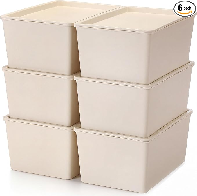 Menkxi 6 Pcs Storage Bins with Lids Small Plastic Storage Containers Stackable Storing Baskets Box Cute Organizer Bins for Organizing Shelves (Beige)