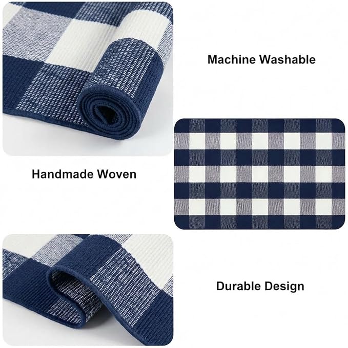 Buffalo Plaid Rug 3' x 5' Navy Blue and White Front Door Mat Reversible Layered Porch Rug Washable Hand Woven Cotton Area Rug for Indoor Outdoor Entryway Patio Porch Decor