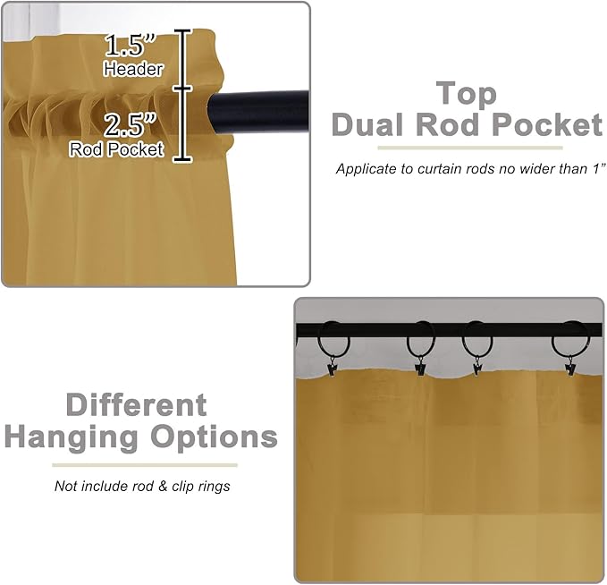 Gold Sheer Curtain for Bedroom Living Room 78 Inches Long 2 Panels Set, Solid Soft Airy Light Filtering Sheer Window Curtains, Modern Rod Pocket Door Curtain, Gold, 42" Wx78 L Inches