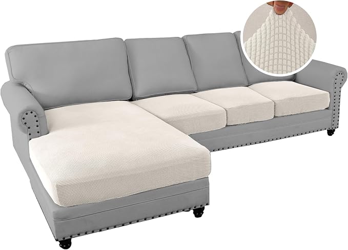 H.VERSAILTEX Sectional Couch Covers 4 Pieces Sofa Seat Cushion Covers L Shape Separate Cushion Couch Chaise Cover for Both Left/Right Sectional Couch (Seat Only: 1 Chaise + 3 Sofa, Ivory)